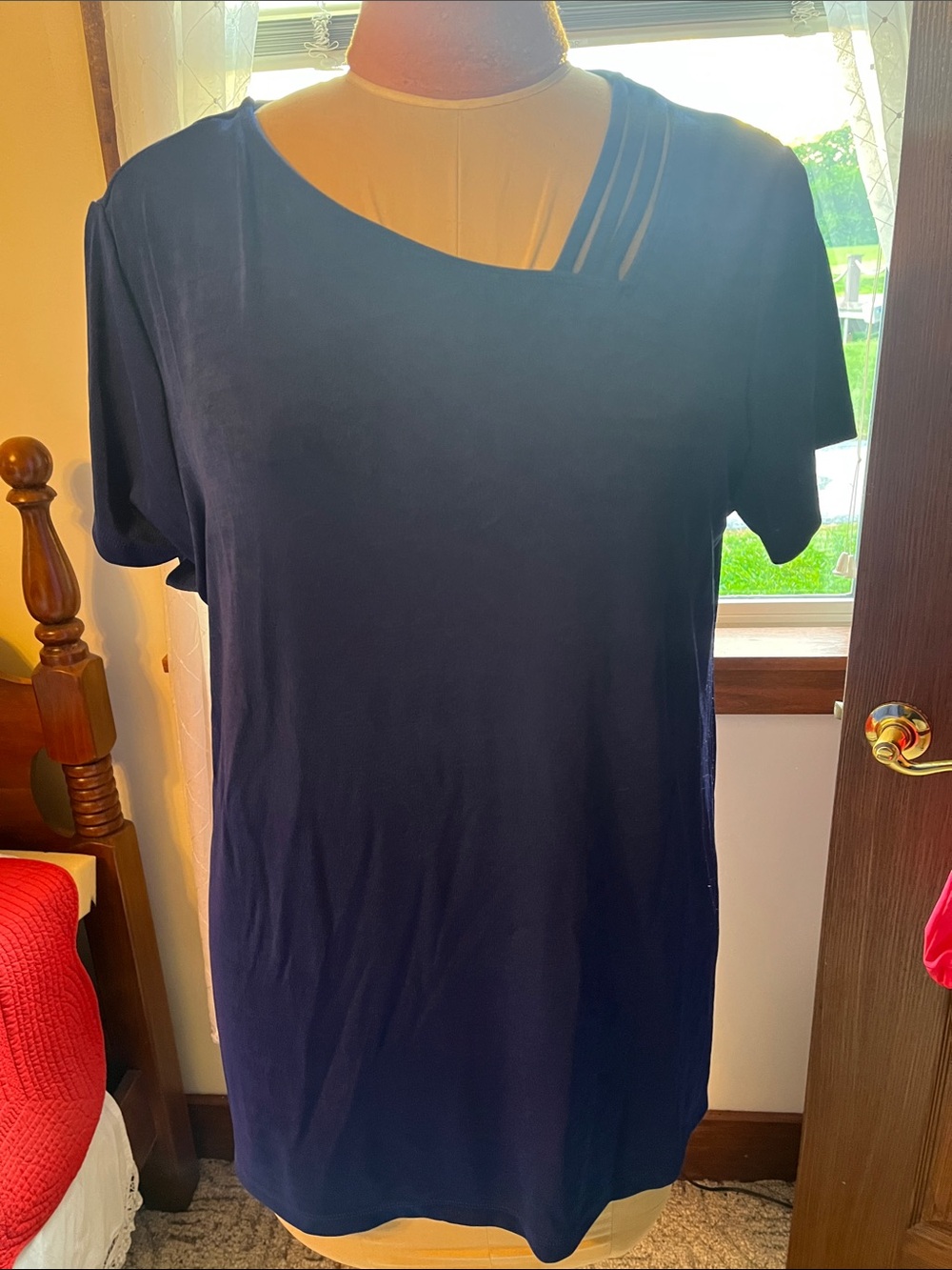 Chico's Navy Short-Sleeve Top with Asymmetric Strap Detail